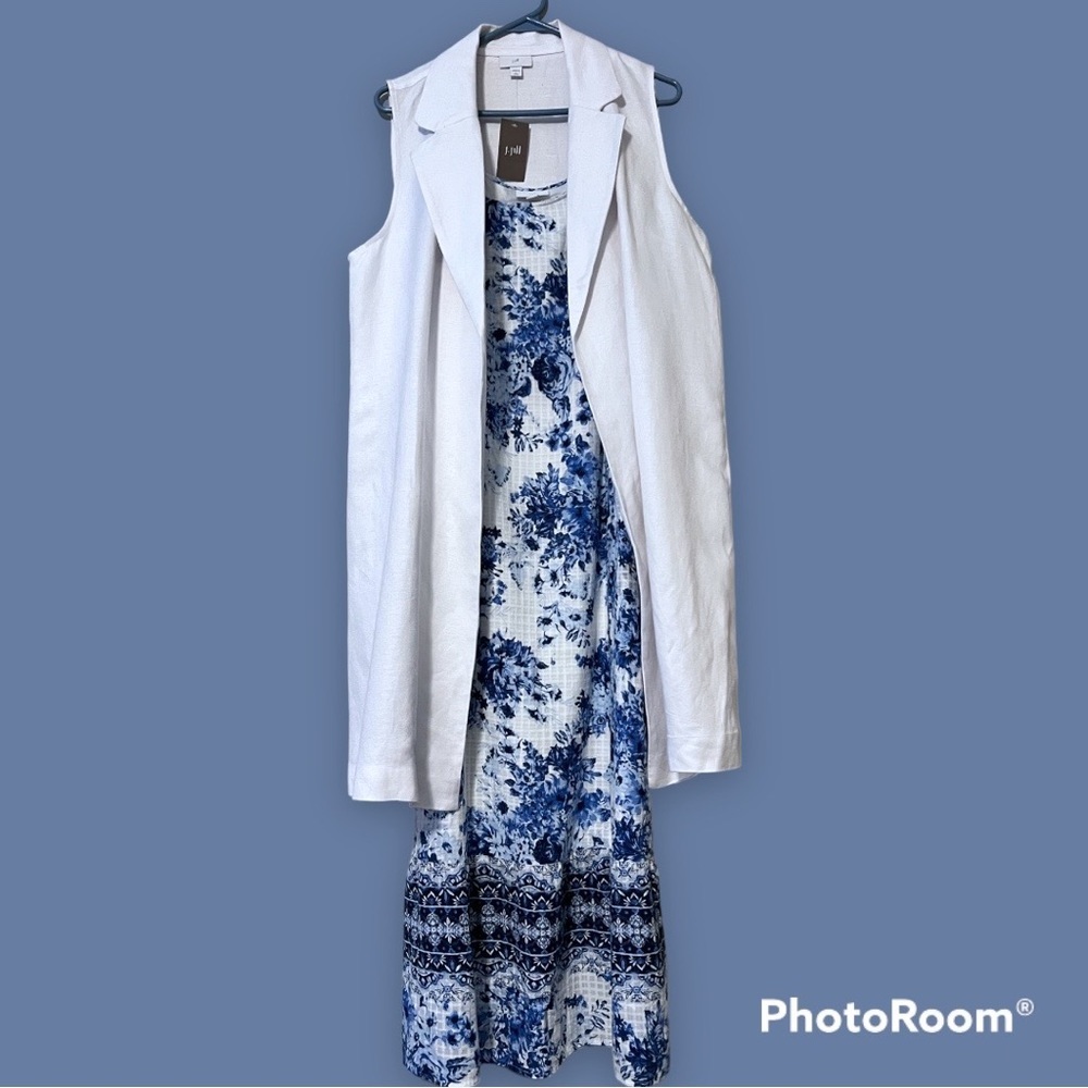 J. Jill white duster large petite & large dress w pockets blue white porcelain